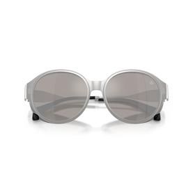 Moncler silver round sunglasses with mirrored lenses and metal frame, front-facing view