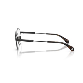 Moncler black metal optical frames, round silhouette with slim temples and tortoiseshell arm detailing, side profile view