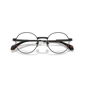 Moncler black round metal optical frames with tortoiseshell temple tips, clear lenses, front-facing flat lay view