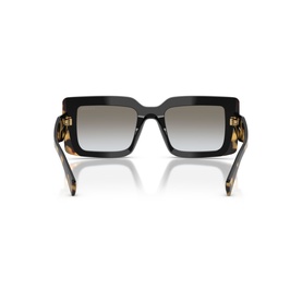 Black oversized square frame sunglasses with tortoiseshell temples and grey gradient lenses, rear three-quarter view