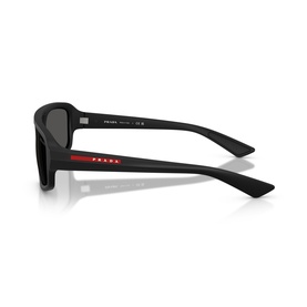 Prada Linea Rossa sunglasses in matte black, rear view showing red branded temple detail and dark lenses