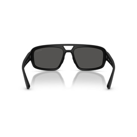 Matte black rectangular sunglasses, rear view showing dark grey lenses and double bridge bar detail