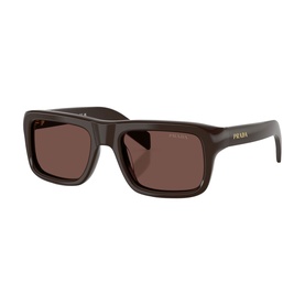 Prada square acetate sunglasses in dark brown with brown lenses and gold Prada lettering on temples