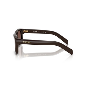 Prada sunglasses in dark brown acetate with gold-tone temple branding and brown tinted lenses, side profile view