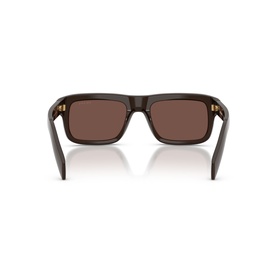 Rear view of square-frame sunglasses in dark brown with gold temple tips and brown tinted lenses