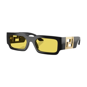 Versace black rectangular sunglasses with yellow lenses and gold Greca detail on temples