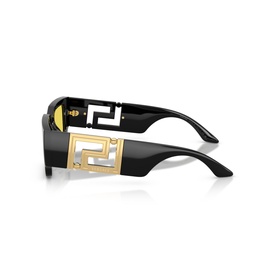 Versace black sunglasses with gold Greca detail on temples, rectangular frame, side profile view
