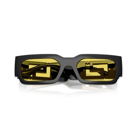 Versace black rectangular sunglasses with yellow tinted lenses and gold Greca pattern detail on arms