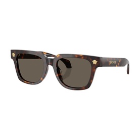 Versace square sunglasses in tortoiseshell brown with dark lenses and gold Medusa head temple detail