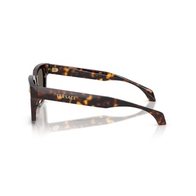 Versace tortoiseshell sunglasses, brown acetate frames with gold Versace logo on temple, side profile view