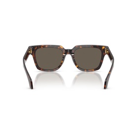 Tortoiseshell square-frame sunglasses with gold-tone hardware, shown from rear angle revealing brown lenses and acetate temples