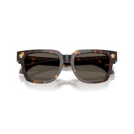 Versace square sunglasses in tortoiseshell, dark brown lenses, gold Medusa head detail on temples, folded flat view