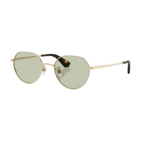 Gold-tone oval metal frame sunglasses with light green tinted lenses and tortoiseshell temple tips