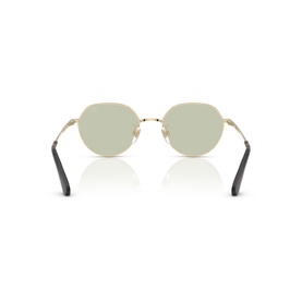 Gold-tone geometric frame sunglasses with light green lenses and black temple tips, rear view