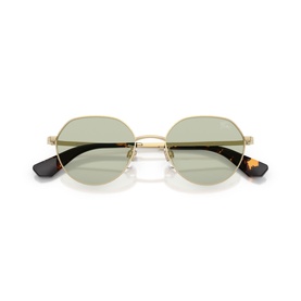 Gold-tone oval frame sunglasses with light green lenses and tortoiseshell temple tips, front-facing flat lay view