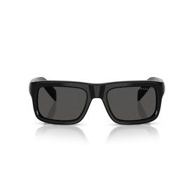Prada sunglasses in black with square frames, dark grey lenses, and Prada logo on temples