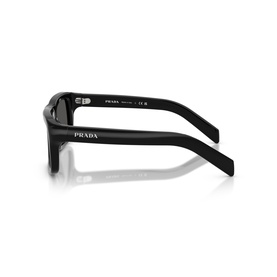 Prada sunglasses in black, showing side temple arm detail with embossed Prada logo branding