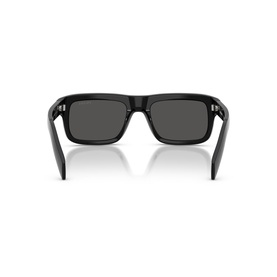 Black square-frame sunglasses, rear view showing temple arms and dark grey lenses