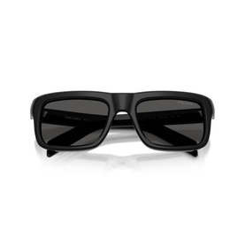Prada square-frame sunglasses in black with dark grey lenses, flat top bar, and logo detail on temples