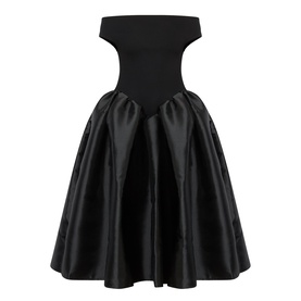 Marques Almeida Mikado Princess Dress in black, off-the-shoulder fitted bodice with voluminous mikado puff midi skirt