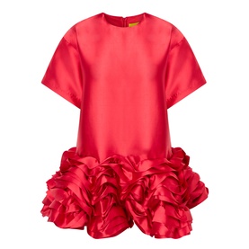 Marques Almeida red short-sleeve mini dress with voluminous ruffled rose hem detail, structured satin finish