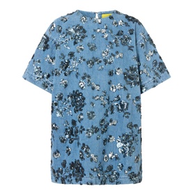 Marques Almeida Sequin Embroidered Mini Denim Dress in mid blue with floral sequin embellishment, short sleeves, round neckline, straight hem