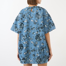 Model wearing Marques Almeida Mid Blue Sequin Embroidered Mini Denim Dress, rear view showing keyhole back, floral sequin embroidery and short sleeves
