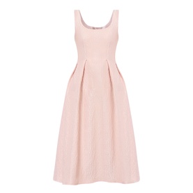 Marques Almeida Textured Brocade Dress in pink, sleeveless midi with scoop neckline, pleated skirt and structured brocade fabric