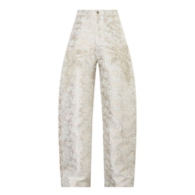 Marques Almeida white wide-leg jeans with silver jacquard floral pattern, high rise, relaxed fit