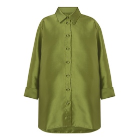 Marques Almeida Heavy Fluid Shirt in khaki heavyweight satin, pointed collar, long sleeves with turned-up cuffs, longline dipped hem
