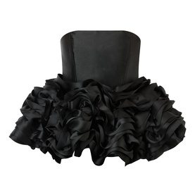 Marques Almeida Ruffle Bustier Top in black; strapless fitted satin bodice with voluminous ruffled ribbon peplum hem