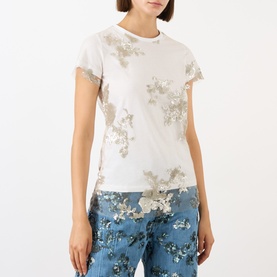 Model wearing Marques Almeida Sequin Embroidered Layered T-Shirt in White Nude with gold-tone floral sequin detailing and semi-sheer overlay, styled