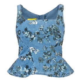 Marques Almeida Sequin Embroidered Denim Peplum Top in mid blue with floral sequin embellishment, square neckline, wide straps and peplum hem.