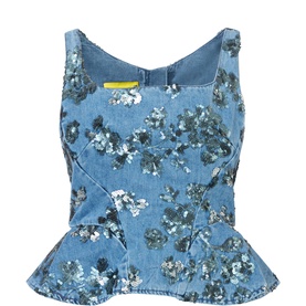 Sequin Embroidered Denim Peplum Top