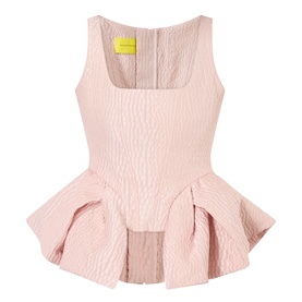 Marques Almeida Textured Brocade Peplum Corset Top in pink, square neckline, sleeveless, flared peplum hem, structured fit