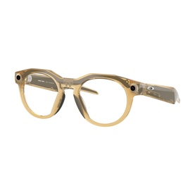 Oakley yellow round optical frames with translucent acetate finish, silver logo detail on temple, clear lenses