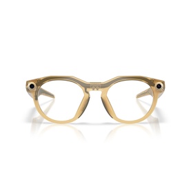 Oakley yellow round smart glasses frames with camera, front-facing view, clear lenses and gold-tone detailing