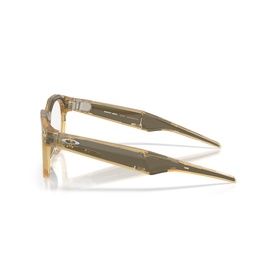 Oakley sunglasses in yellow, side profile view showing translucent frame and gold-toned temples with logo detail