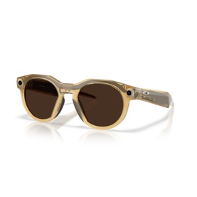 Oakley sunglasses in yellow translucent round frames with dark brown lenses and grey temple arms