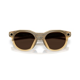 Oakley yellow sunglasses with round frames, dark brown lenses and subtle dark accent detailing on temples