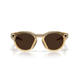 Oakley sunglasses in yellow translucent round frames with dark brown lenses, front-facing view