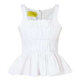 Marques Almeida Wrinkled Gathered Top in white cotton, square neckline, sleeveless with shirred bodice and peplum hemline
