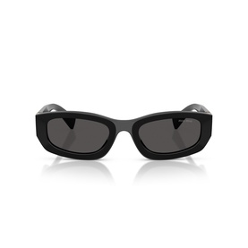 Miu Miu sunglasses in black with chunky rectangular frames and dark grey lenses, front-facing product view
