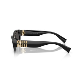Miu Miu black sunglasses, side profile view showing gold logo-engraved temple arms and dark lenses