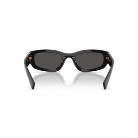 Miu Miu black sunglasses, rear view showing rectangular acetate frames with gold-tone temple detail and dark lenses