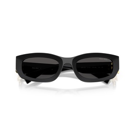 Miu Miu black rectangular sunglasses with thick acetate frames, dark lenses, and gold-tone temple detail.