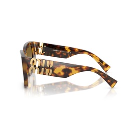 Tortoiseshell acetate sunglasses with gold logo hardware on temples, thick square frames, side profile view