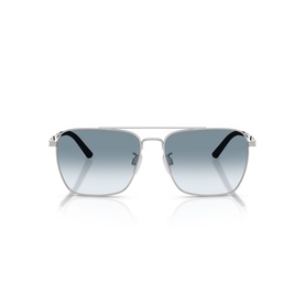 Oliver Peoples Dresner sunglasses in silver with gradient blue lenses, double bridge, and black temple tips