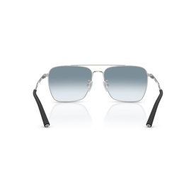 Ray-Ban aviator sunglasses, silver metal frame with double bridge, black temple tips and blue gradient lenses, rear view