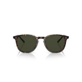 Tortoiseshell round-frame sunglasses with dark green lenses and fine metal hinges, front-facing view